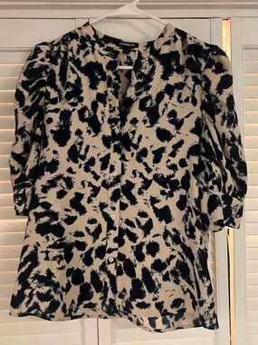 Express Dark Blue and Cream Abstract Button-Front Blouse